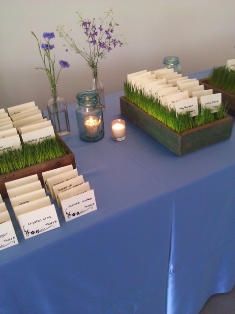 Escort card table with vintage bottles and wheat grass.