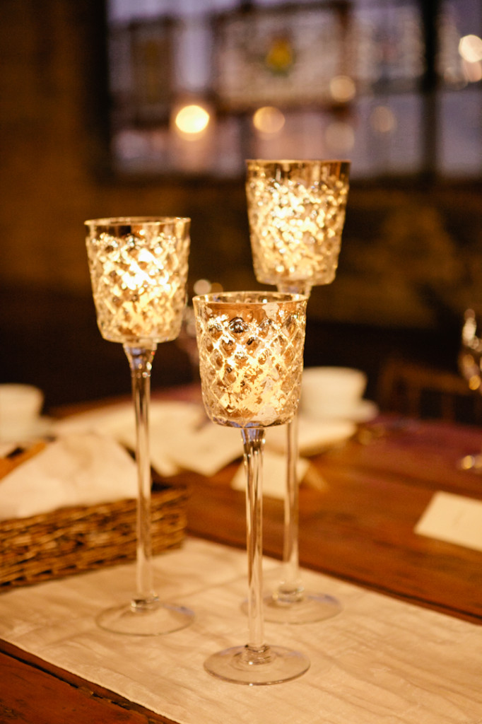 Mercury glass candles at Salvage One winter wedding.