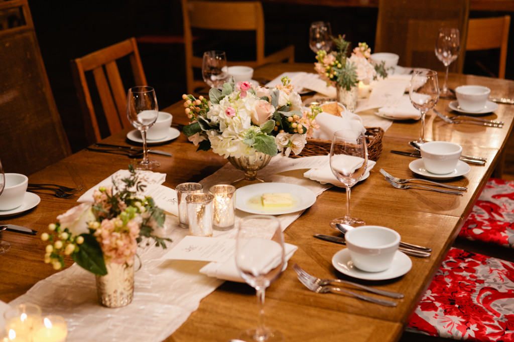 Vintage tablescape at Salvage One winter wedding.