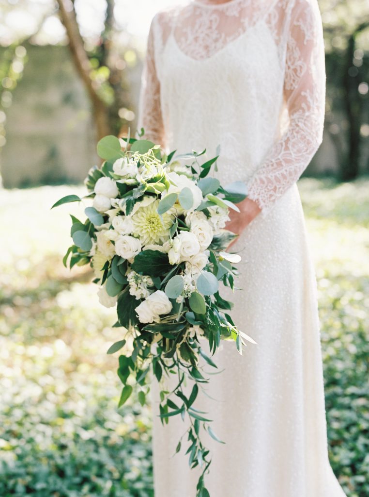 Cascade wedding bouquet in green and white.