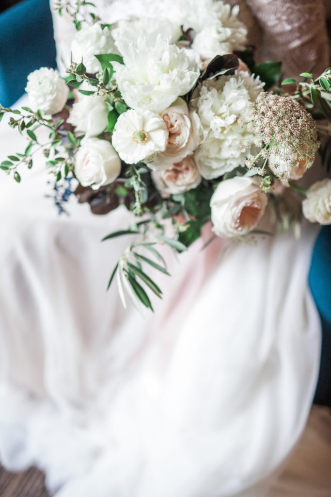 spring bridal bouquet with ranunculus, kiera garden roses, white peonies