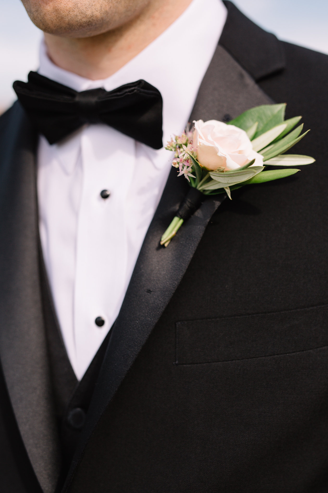 groom in tuxedo with spray rose boutonniere with sedum and olive accent