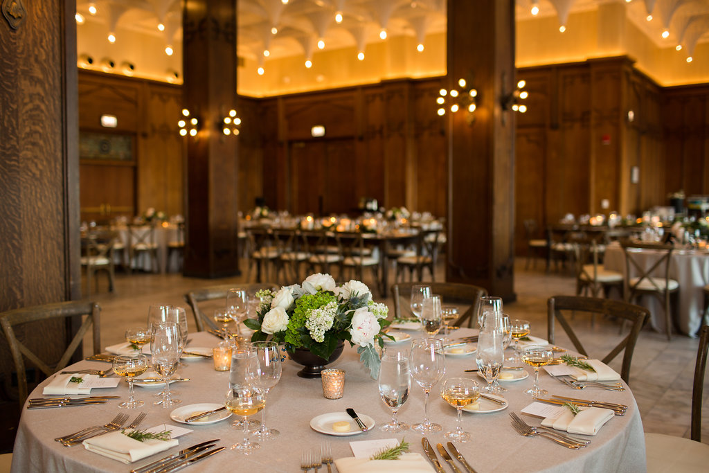 Chicago Athletic Association spring wedding reception with peonies, hydrangea, and thistle.