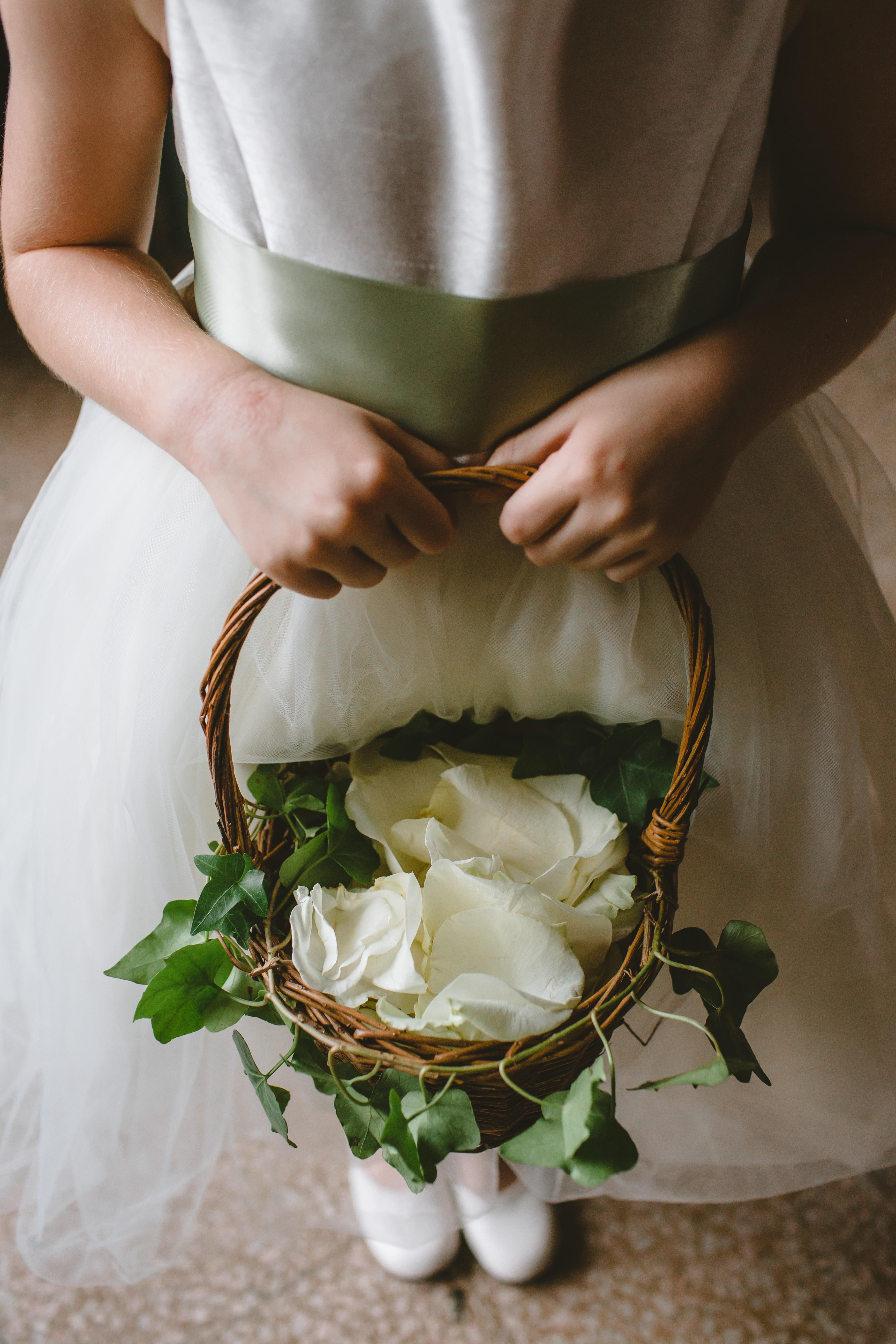 Wedding flower girl basket with petals.