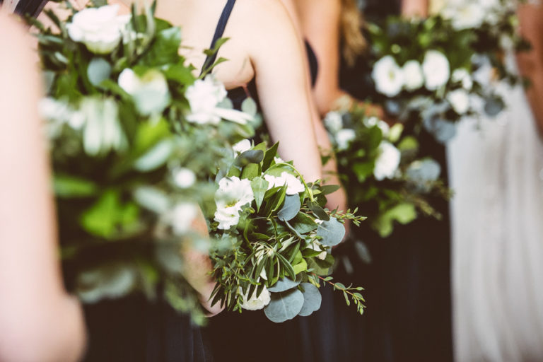 Wedding bouquets of foliage and ivory blossoms at Chicago Athletic Association.