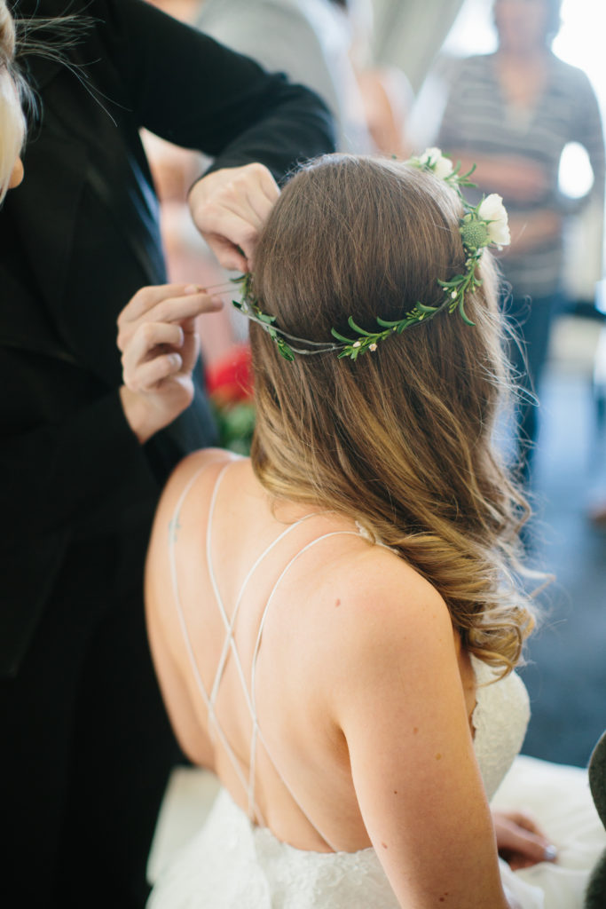 Spring bride with white and green flower crown.