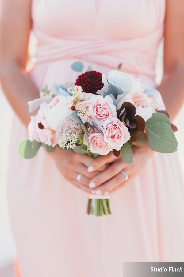 Pastel bridesmaid, blush grey burgundy dahlia bouquet