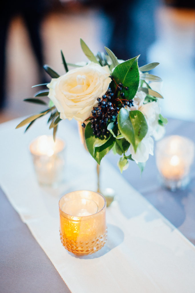 Flowers by Pollen. Photography by Tim Tab Studios. Highboy floral arrangement in vintage brass goblet.