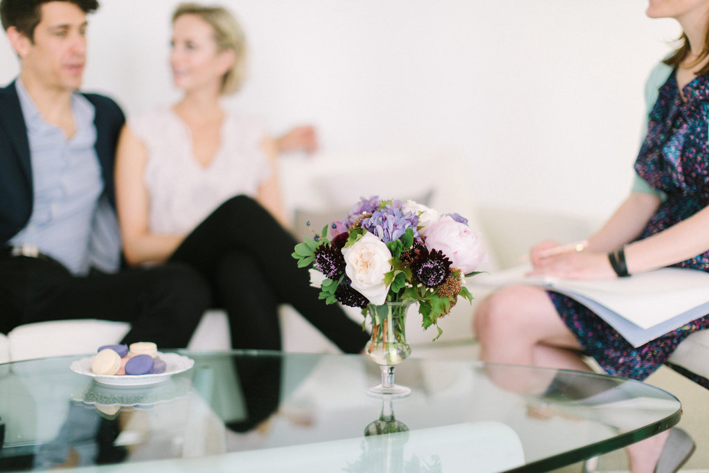 Wedding consultation with Zen Events, flower arrangement with pink peonies, purple hydrangea, plum scabiosa.