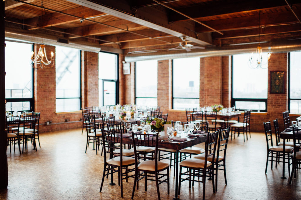 Reception at City View Loft in Chicago for spring wedding ceremony. 