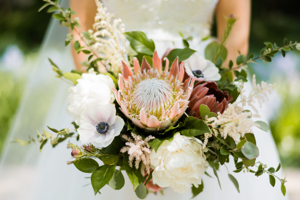 Spring bride's bouquet with blush protea, white anemone, pale pink astilbe, and ivory peonies.