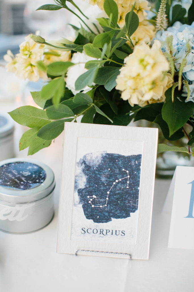Scorpius card at Adler Planetarium summer wedding in white and silver with a color palette of pale blue, ivory and pale yellow -- including stock, hydrangea, and garden roses.