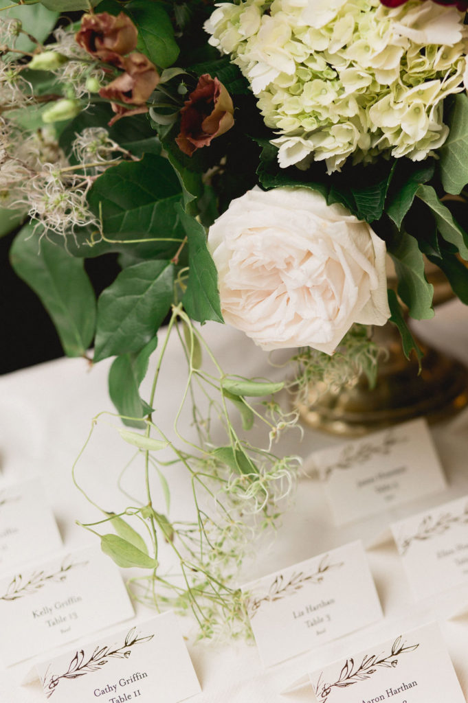 Fall wedding arrangement detail at escort table with blush garden rose and pale green hydrangea.